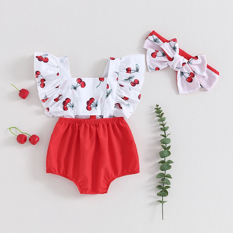 

Комбинезон для новорожденных девочек от 0 до 18 месяцев, комбинезон с рукавами-фонариками и принтом вишни, комбинезон в стиле пэчворк с ободком, летняя одежда из 2 предметов