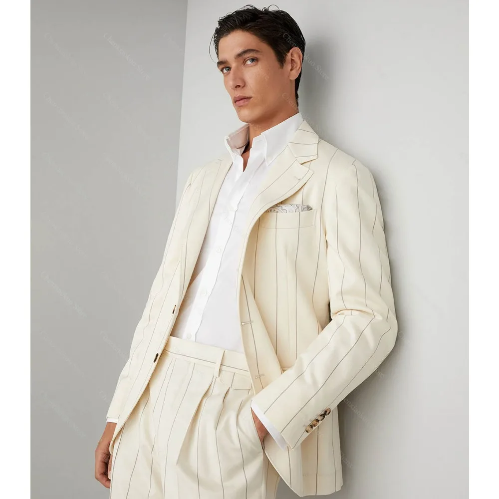 Fashion Wide Striped Men Suits Two Piece Notched Lapel Single Breasted Outfits Formal Business Casual Suit (Blazer + Pants)