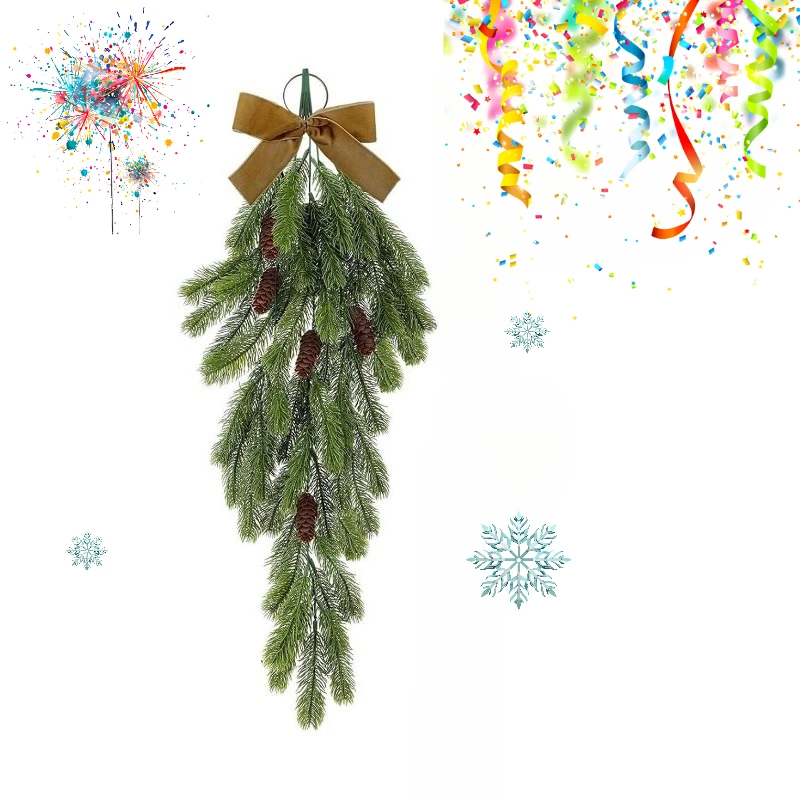 Upside-Down Teardrop Christmas Garland - PE & Vine Wall Decor with Velvet-Touch Berries and Bow, Ready-to-Hang Holiday