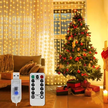 300 LED Fairy Curtain String Lights 8 Lighting Modes Dimmable for Christmas Weddings Garden Party Outdoor Decorations Lightings