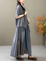 AmaxluluE Summer Suits Women Chinese 2 Pieces Sets Casual Loose Printed Denim Outfits Fashion Vintage Tops Big Size Floral Skirt - Image 2