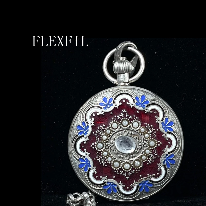 

FLEXFIL enamel cloisonne Pocket watch Vintage Tourbillon phase moon high quality Manual machinery 55mm Pocket Wristwatches