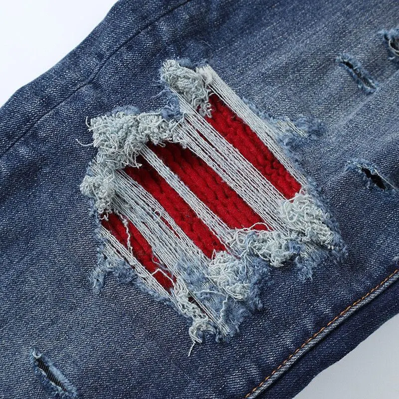 High Street Fashion Men Jeans Retro Dark Blue Stretch Skinny Fit Ripped Jeans Men Red Patched Designer Hip Hop Brand Pants Homme