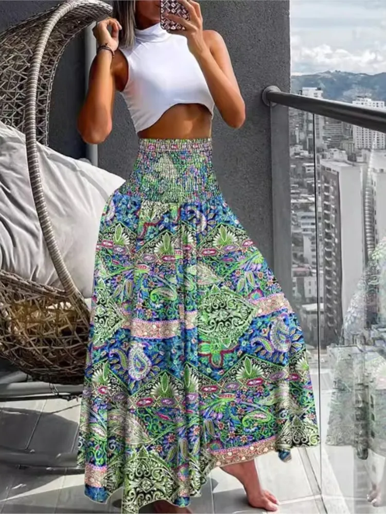 Women's Fashion Floral Print Skirt Casual High Waist Loose Long Skirts For Women Boho Holiday Beach Party Womens Clothing Summer 3