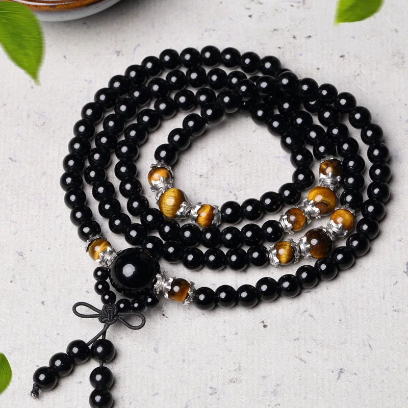 Handmade Women Men Jewelry 6mm Obsidian Beaded Bracelets Buddhist Buddha Meditation 108 Prayer Beads Mala Bracelet