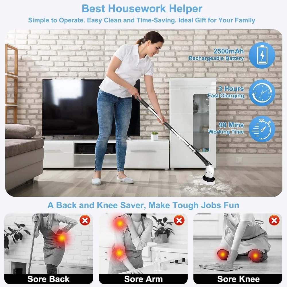 Electric Spin Scrubber, Power Cleaning Brush, Shower Scrubber With  Adjustable Extension Handle, Tub Tile Scrubber With 3 Replaceable Brush  Heads, 60 Min Run Time, 350rpm With High Torque Cordless Power Scrubber,  Cleaning