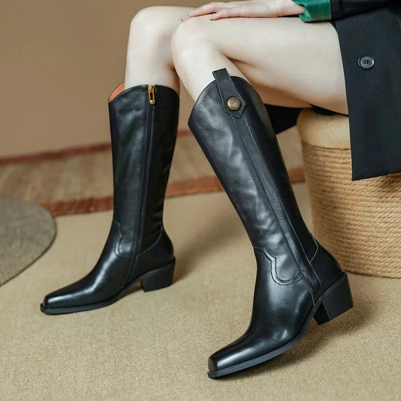 

Womens High Boots Cowhide Mid Calf Winter Boots Side Zippers Woman Shoes Spring Autumn Shoe Real Leather Riding Equestrian Boots