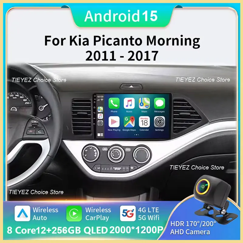 Voor KIA Morning Picanto 2007-2011 Android 12 Autoradio 9 Inch Touchscreen Ingebouwd Draadloos CarPlay Android Auto GPS Navigatie Bluetooth RDS DSP WiFi SWC Mirror Link Achteruitrijcamera (Size : M