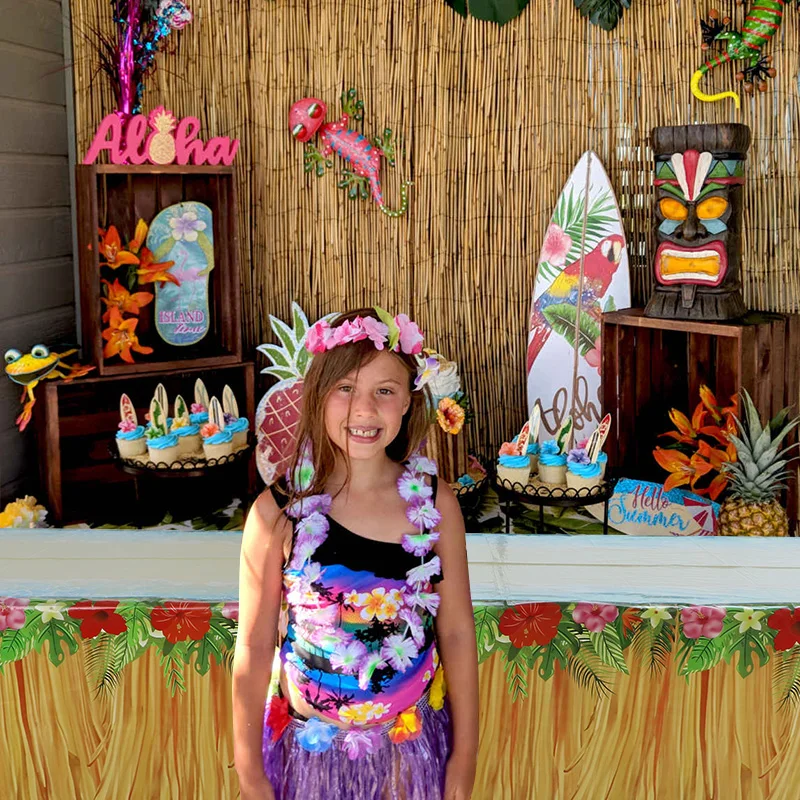 Hawaiian Party Disposable Tablecloth Grass Flowers Pattern Table Cover Tropical Summer Beach Birthday Party Decoration Supplies