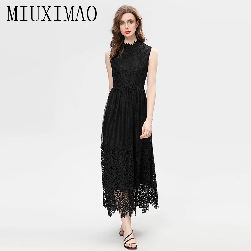 

MIUXIMAO 2024 Summer New Style Elegant Pretty Dress Women Black Sleeveless Embossed hollow High waist Lace Long Dress Vestides