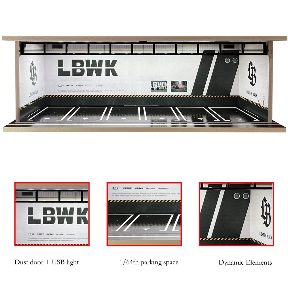 1/64 Scale Car Garage Diorama Models with USB LED Lighting Miniature Car Parking Lot Display Case for Model Cars Box