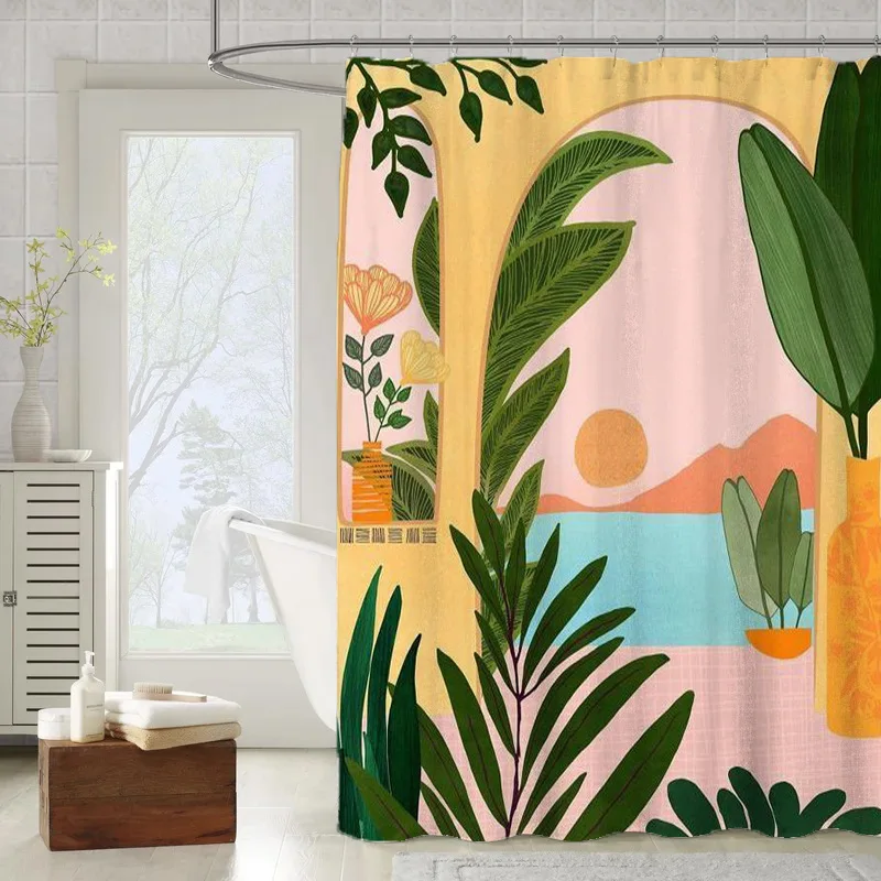 

Nordic Style Shower Curtain Sunset Palm Leaves Print Bathroom Curtain with Hooks Waterproof Polyester Fabrics Bath Screen