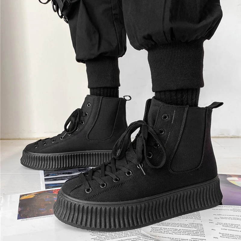 

Fashion Men's High-top Vulcanized Shoes Black Wearproof Chelsea Boots Hombre Heighten Leather Sneakers Spring Autumn Trend Shoes