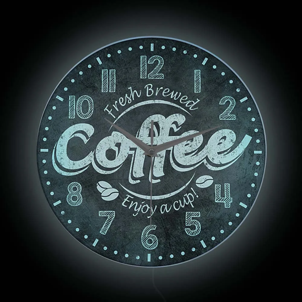 

Fresh Brewed Coffee Retro Wall Clock With Backlight For Kitchen Cafe Shop Display Sign Coffee Bean LED Light Clock Silent Watch
