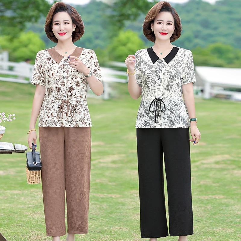 

New Summer Short Sleeve T-shirt ops + Pants Middle-aged Women Clothes Temperament Two Pieces of Suits Female Age 2 Pieces Set