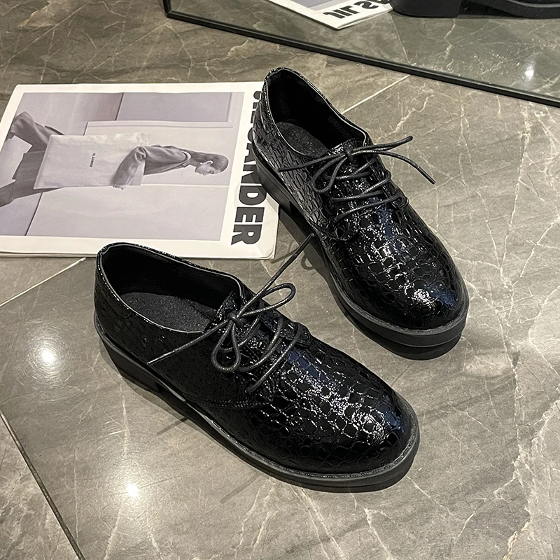 Leather British Leather Shoes Women's Soft Leather Deep Mouth Single Heel Spring and Winter Lacing Shoes  Zapatos De Mujer 5