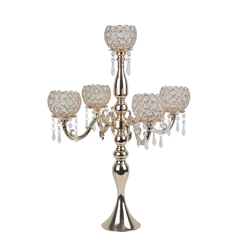 

Хрустальный подсвечник, 5 головок, креативный Европейский, оптовая продажа, металлический золотой свадебный стол, центральный Свадебный декор, подсвечник