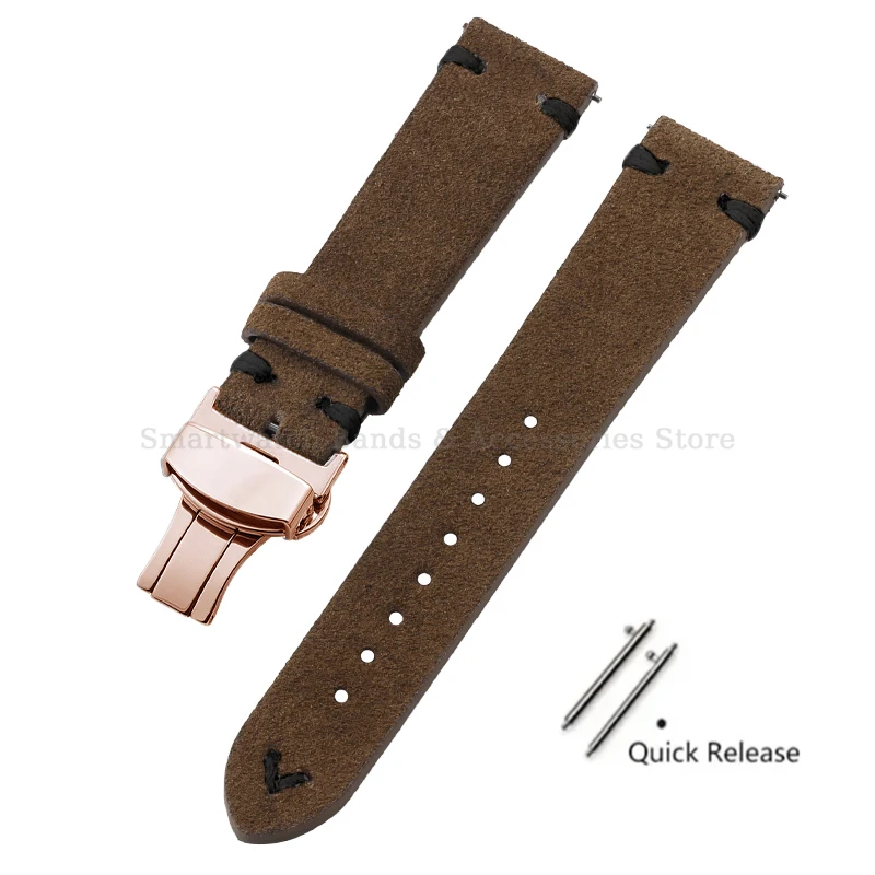 Vintage Handmade Suede Stitch Leather Watch Strap with Quick Release and Folding Clasp