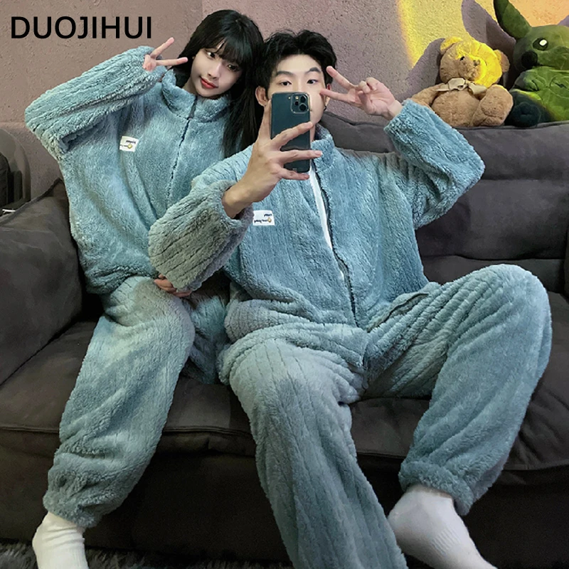 DUOJIHUI Winter Chicly Zipper Cardigan Female Pajamas Set Basic Simple Fashion 6-colors Couple Clothing Casual Pajamas for Women