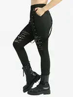 ROSEGAL Plus Size Leggings Women Casual Black Trousers Skull Hollow Out Fish Net Patchwork Grommets Straps Pencil Pants Mujer
