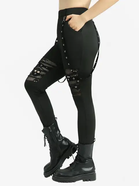 ROSEGAL Plus Size Leggings Women Casual Black Trousers Skull Hollow Out Fish Net Patchwork Grommets Straps Pencil Pants Mujer