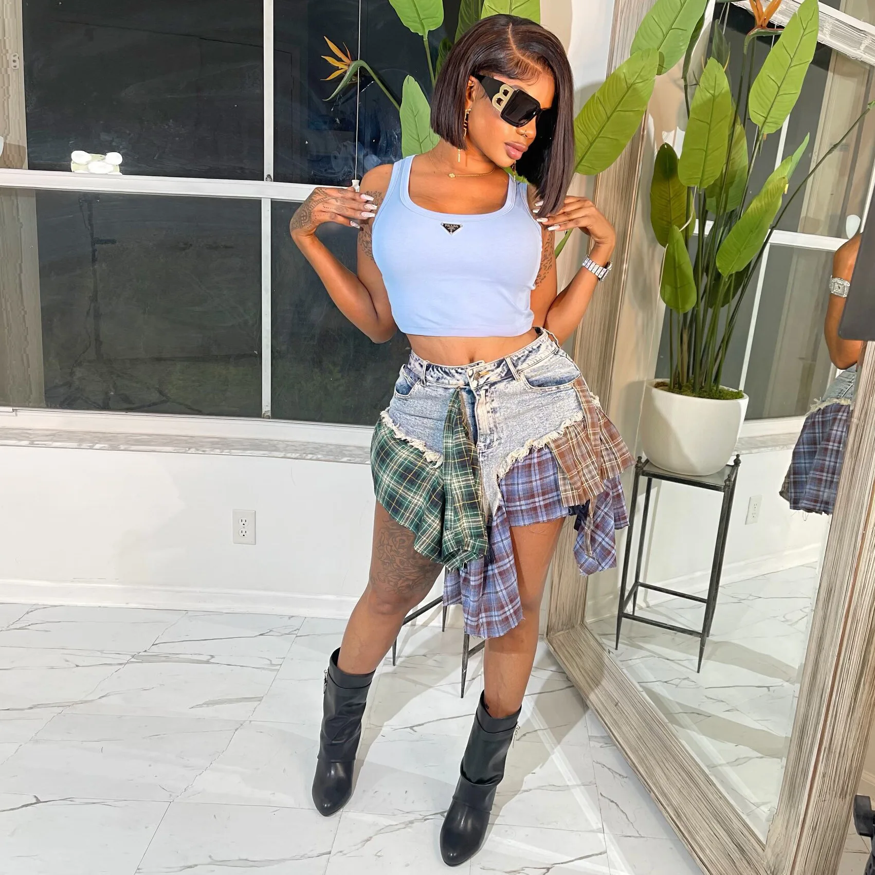 Women Summer Plaid Denim Asymmetrical Patchwork A-line Mini Skirt 2023 Button Fly Shorts Jeans Fashion Streetwear Cargo Skirts