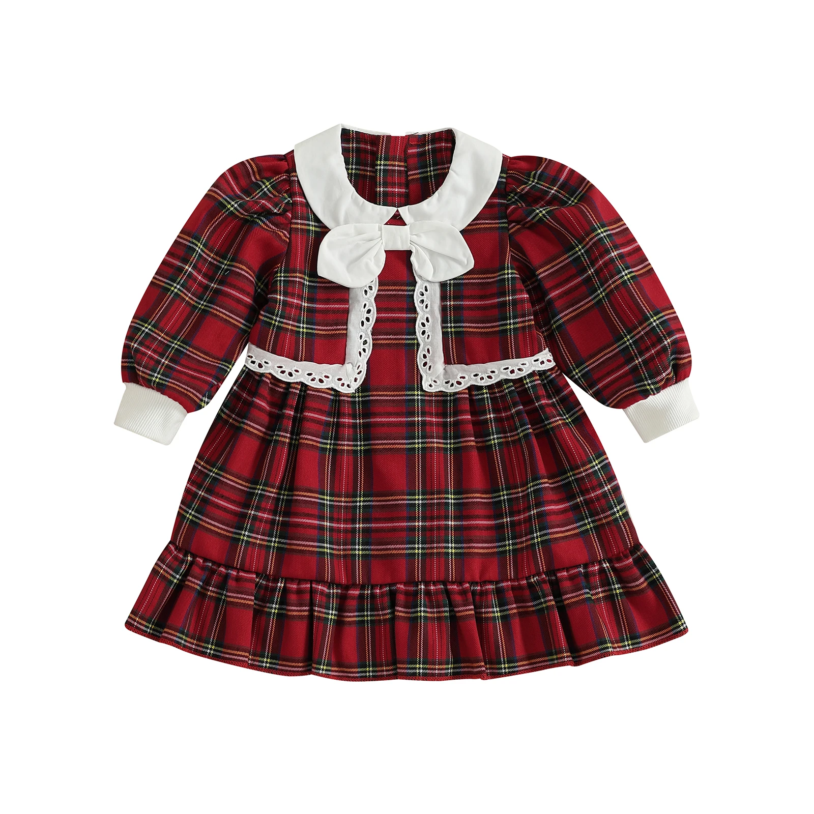 Toddler Girl Winter Dress Long Sleeve Round Neck Bow Front Plaid Print Dress Kid Casual Dress