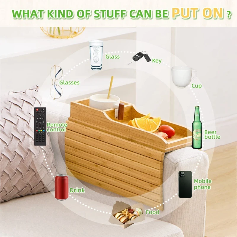 Couch Cup Holder, Couch Drink Holder, Natural Bamboo Sofa Cup Holder Armrest Tray, Portable Couch Arm Tray Table Durable 5