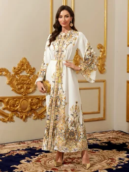 Middle Eastern Modest Maxi Dress - Muslim Moroccan Kaftan Abaya for Women Gold Embroidered Eid Dress Islamic Traditional Wear