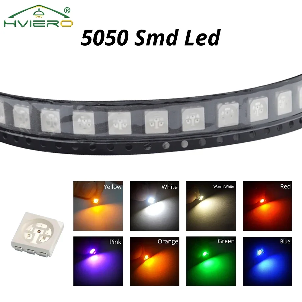100Pcs 5050 White Red Blue Pink RGB Smd Smt 60mA 3V 3-chips 10-12lm 6000-6500k Led Lamp Bulb Light Emitting Diodes led lamp led lamp beads led lamp bulb