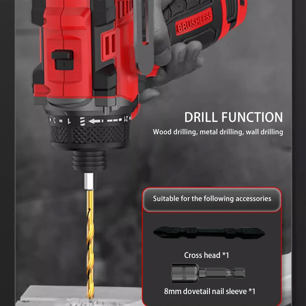80N.m 18V Brushless Electric Drill Cordless Knockable Driller Driver Screwdriver Li-ion Battery Electric Power Tools 4
