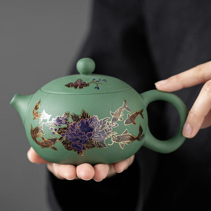 Chinese Style High temperature discoloration Teapot, Purple Clay Raw ore green mud, Kung Fu Household 210ml One pot and two cups