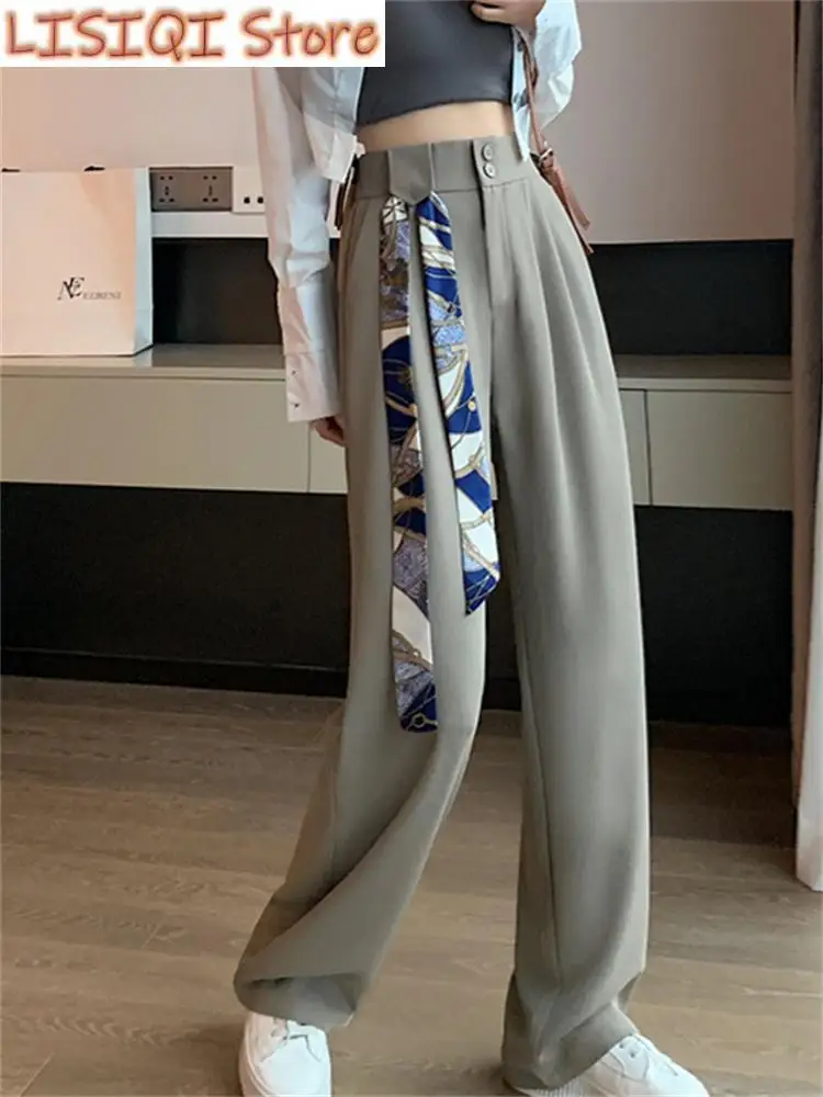 New White High Waisted Pants for Women Spring Korean Fashion Button Up Wide Leg Pants Office Ladies Casual Pants