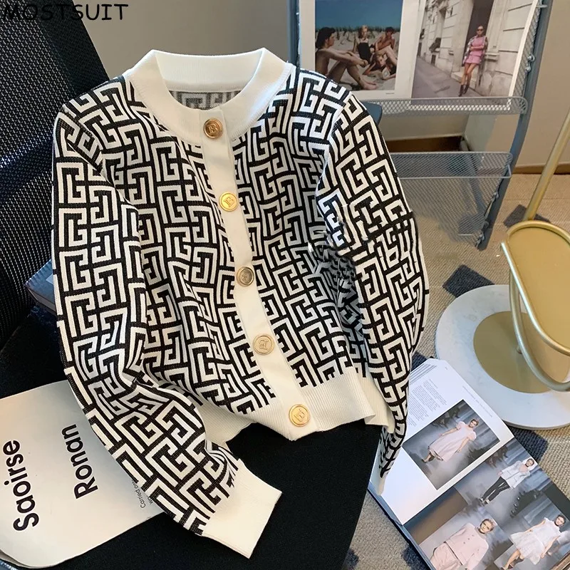 

Fashion Jacquard Sweater Women Cardigan 2024 Autumn Elegant Vintage Ladies Chic Jumper Tops Long Sleeve O-neck Stylish Knitwear