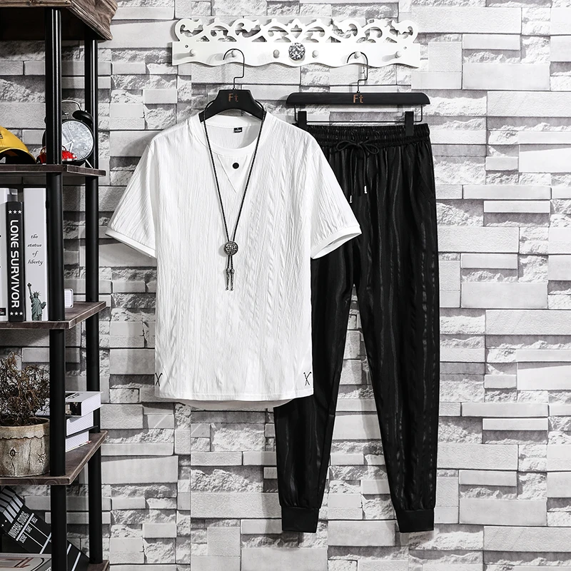 

2023 Summer Mens Ice Silk Sports Set Casual Tshirt and Long Pants Two Piece Set Vintage Breathable Male Spring Sets