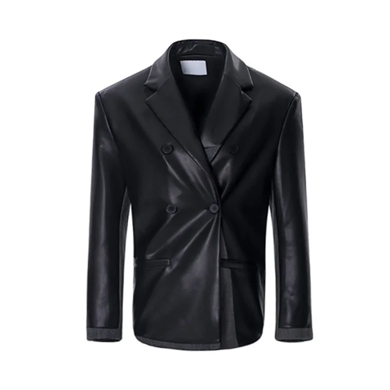 LUZHEN Faux Leather Patchwork Denim Shoulder Padded Suit Jacket Men's Autumn High-end Trendy Designer Street Blazer Coats LZ6993
