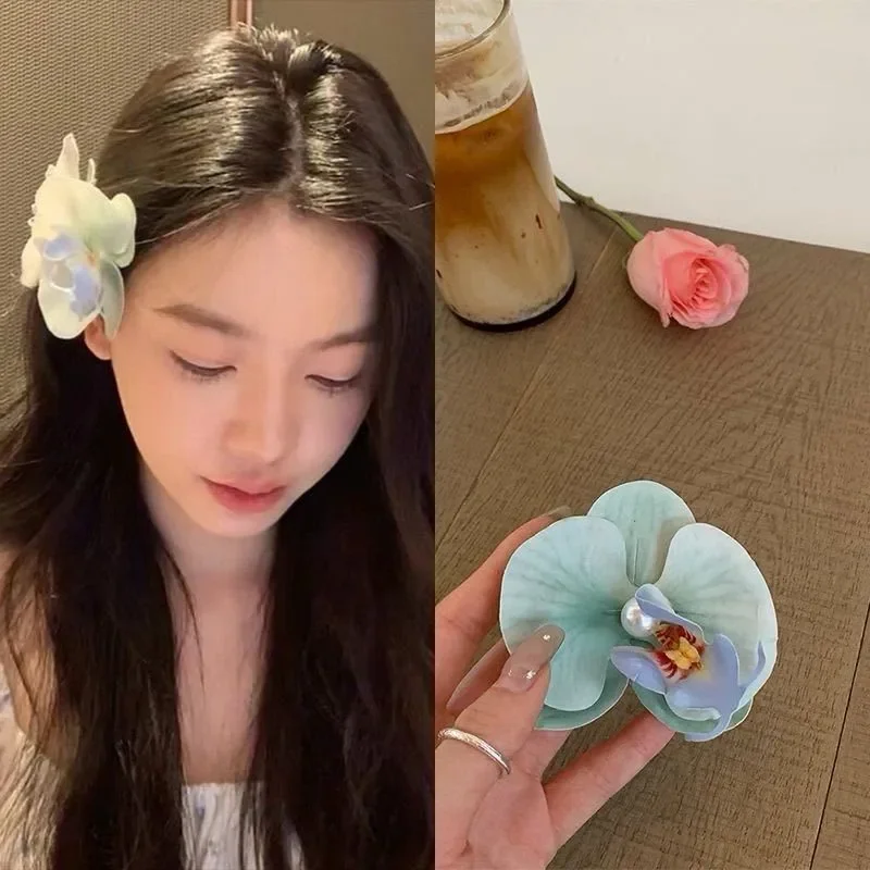 Dolce rosa fiore di orchidea fermaglio per capelli copricapo coreano fiore di perla hairgrip mollette ornamento accessori per capelli da sposa della Boemia - immagine 6