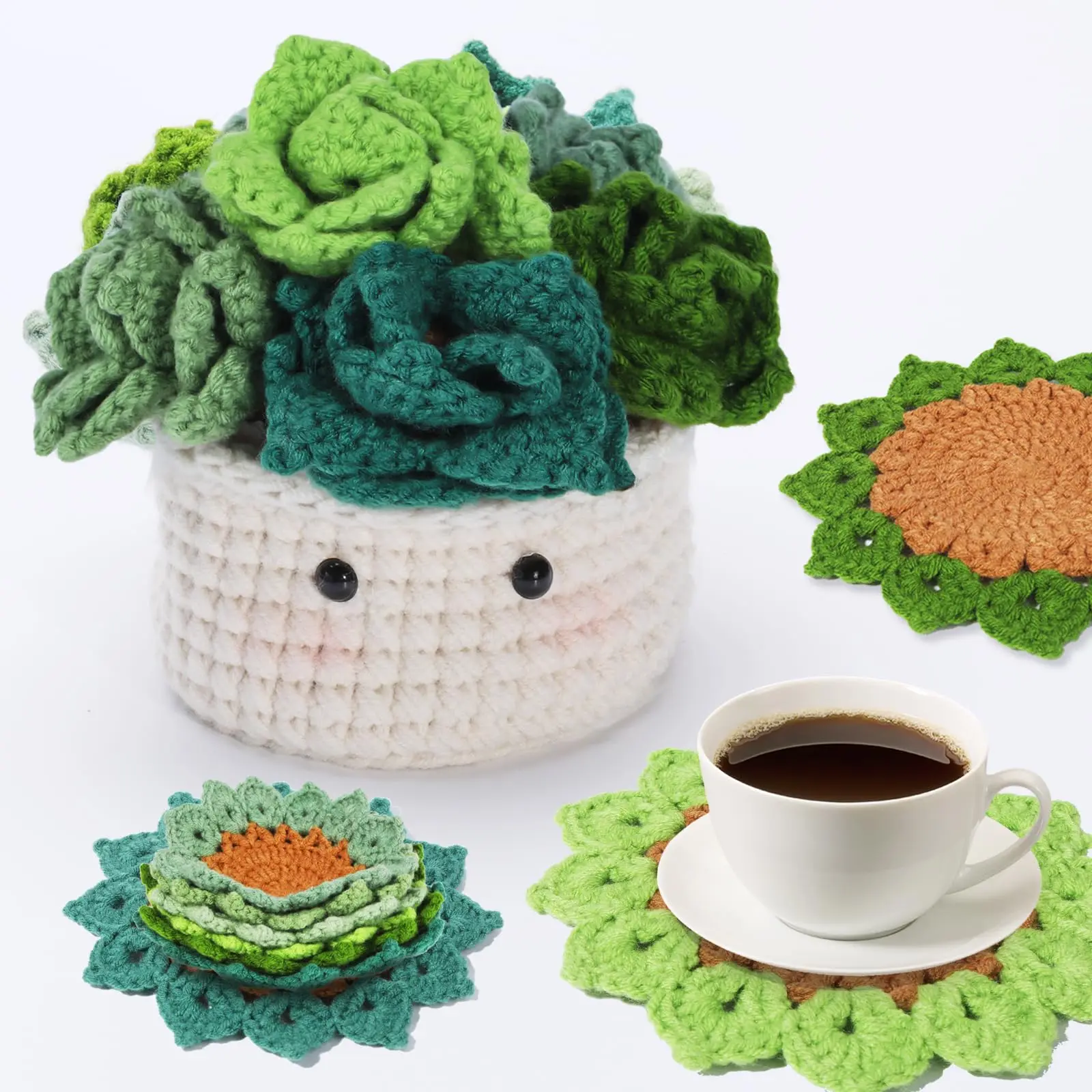6pcs Coasters in a Plant Pot Crochet Start Kit Complete Beginner Crochet Kit with Hooks Yarn Clear Video Tutorials