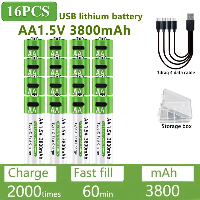 AA/AAA Rechargeable Battery 3000mAh/3800mAh Lithium Battery 1.5V Constant Voltage Fast Charging Type-C For Remote Mouse Toy Ect 18