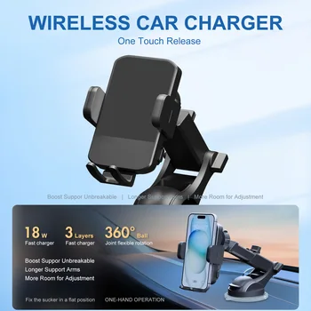Wireless Car Charger Phone Holder 15W Fast Charge Station Mount Phone For IPhone 16 15 14 13 12 Pro Max 11 XR XS Samsung Galaxy 2