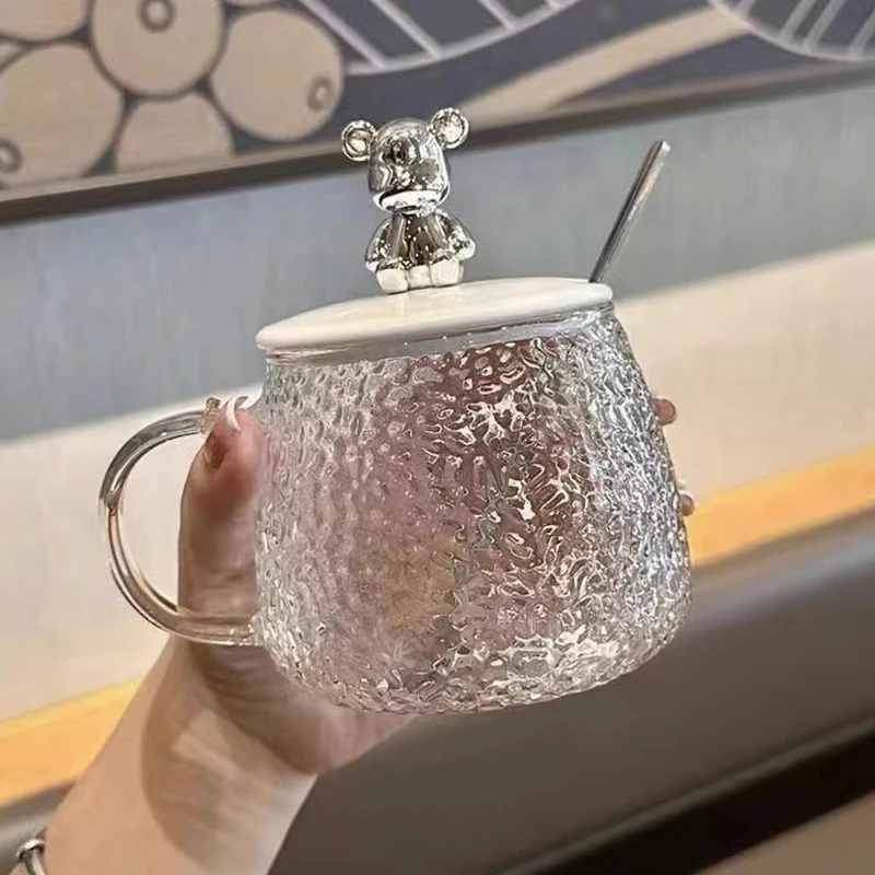 Hammer Pattern Glass Cup with Bear Lid and Spoon, Coffee Cup, Juice Glass Mug, Hand Handle, Tea Cup, Office Drinking, 300/400ml