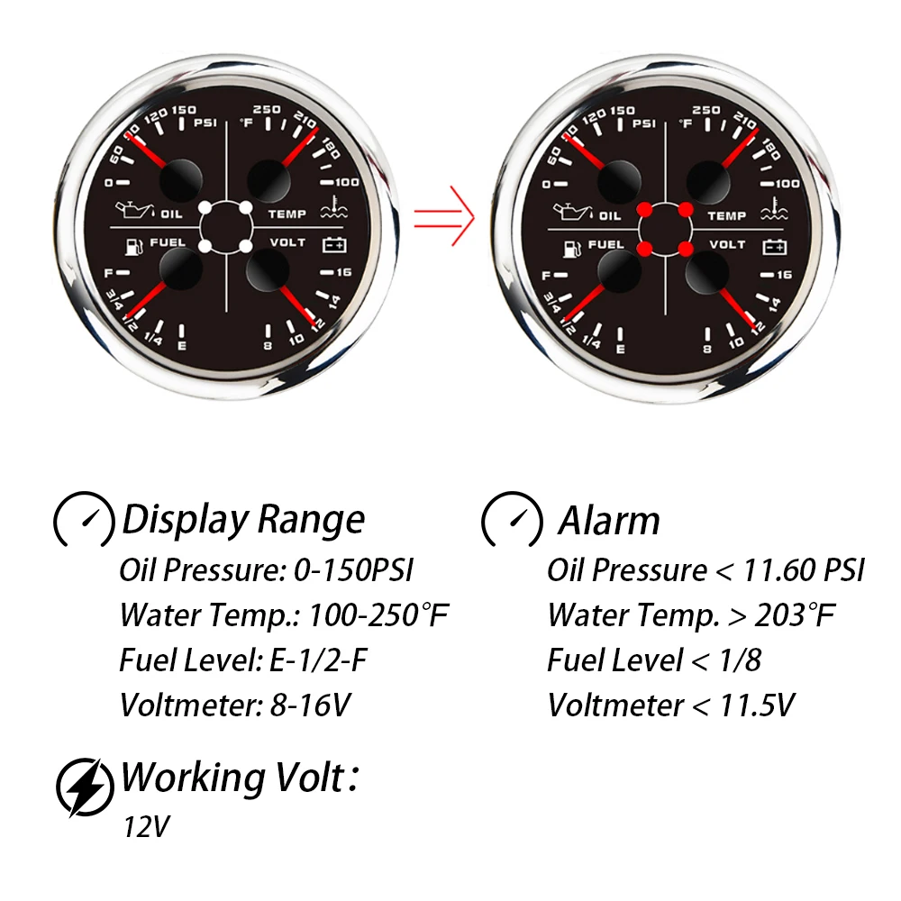 ELING 85mm 4IN1 다기능 게이지 연료 레벨 오일 압력 수온 전압계 12V 방수 레이싱 선박 요트용