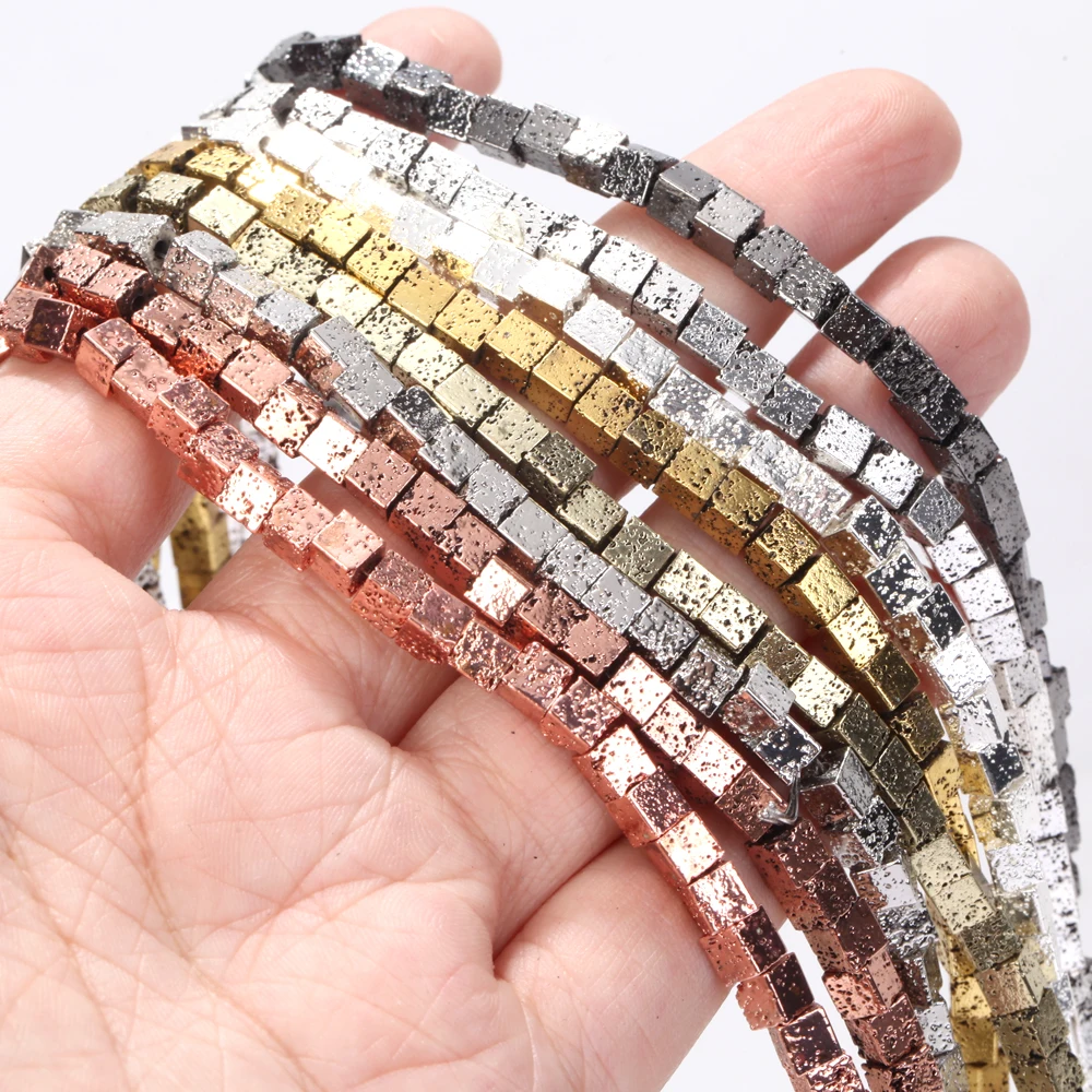 4x4mm Naturstein plattierte Lava Hämatit Perlen Roségold Silber Würfel Stein Perlen für Schmuck herstellung Armband DIY Accessoires