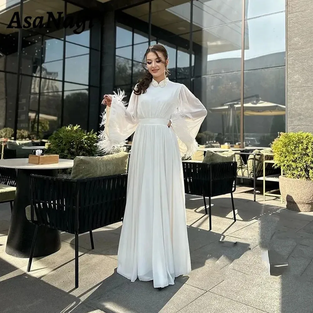 

Elegant Feathers Evening Gowns Beaded High Neck Chiffon Feather Party Women Wear Muslim Long Sleeve Floor Length Prom Dress
