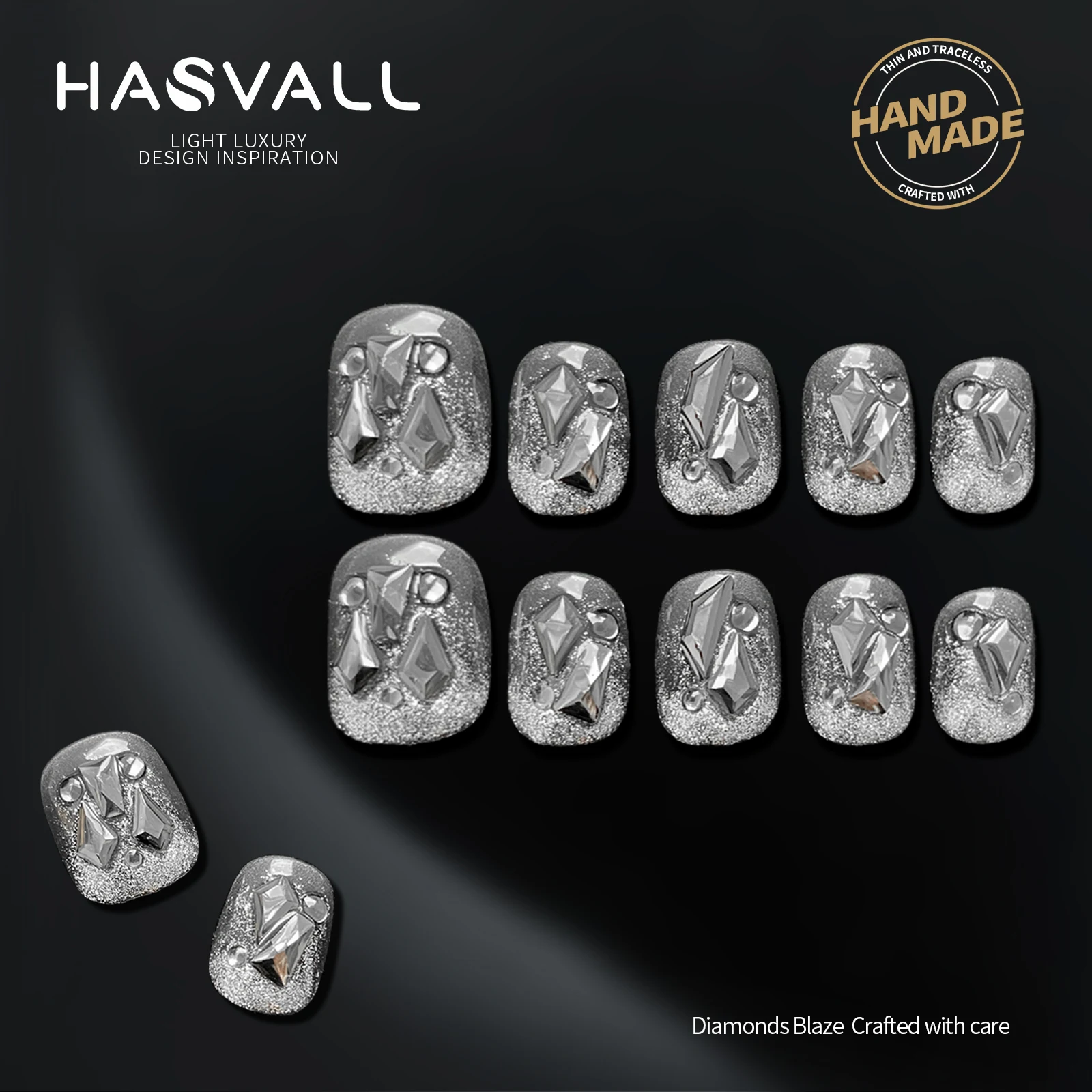 

HASVALL Press-On Nails Handmade Short Oval Black Genie Starlight Aurora Diamonds Clear Full Cover Gel UV Finish Fake Nail Tips