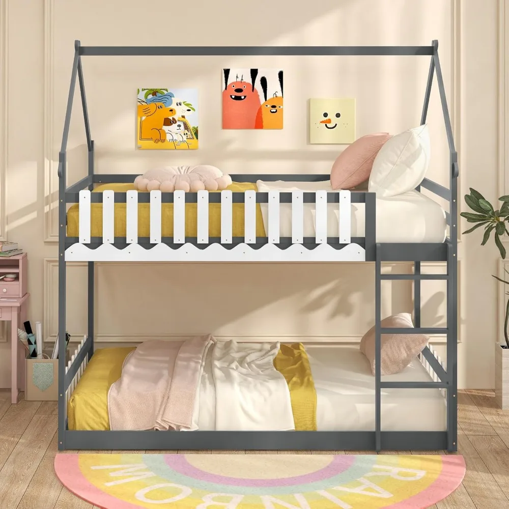 Children Beds, Bunk Bed Twin Over Twin, Wood House Low Bunk Bed with Ladder & Fence Safety Guardrail, Space-Saving 3