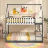 Children Beds, Bunk Bed Twin Over Twin, Wood House Low Bunk Bed with Ladder & Fence Safety Guardrail, Space-Saving 3