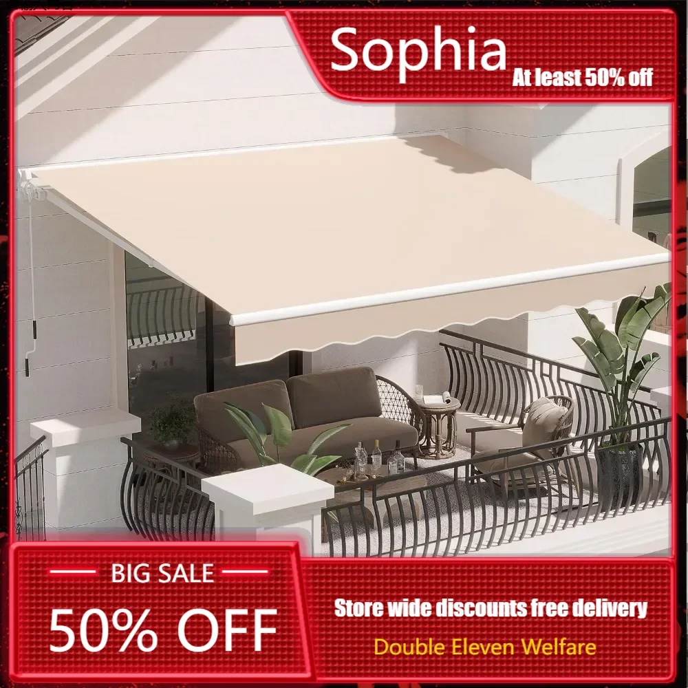 13'x8' Patio Awning, 13'x8' Manual Awnings for Patio Shade Shelter, Retractable Awnings with Crank Handle for Deck, Awning