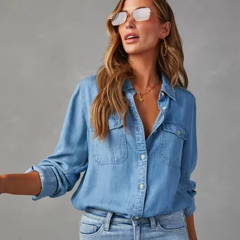 Long Sleeve Western Denim Shirt Women'S Casual Solid Color Turn Down Collar Shirts 1