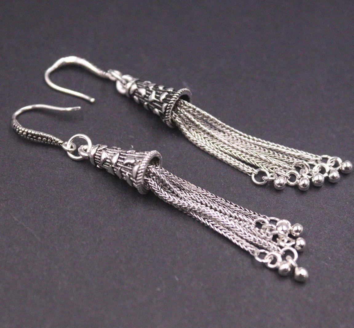 

Real S925 Sterling Silver Earrings For Women Vintage Tube Long Tassel Earrings Dangle Hook 2.68inch Length